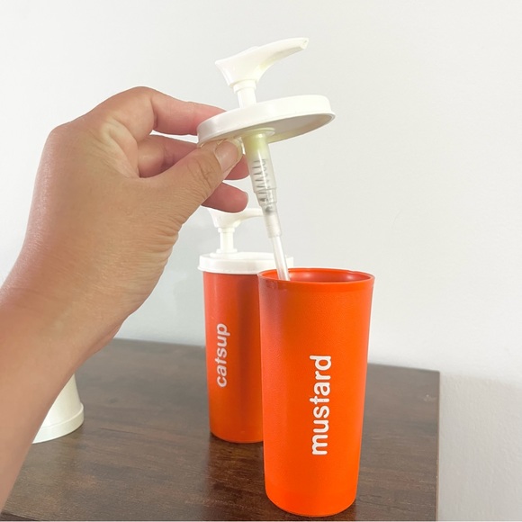Vintage Tupperware Catsup Ketchup and Mustard Holder w Pump and One Cover Orange - Picture 3 of 6